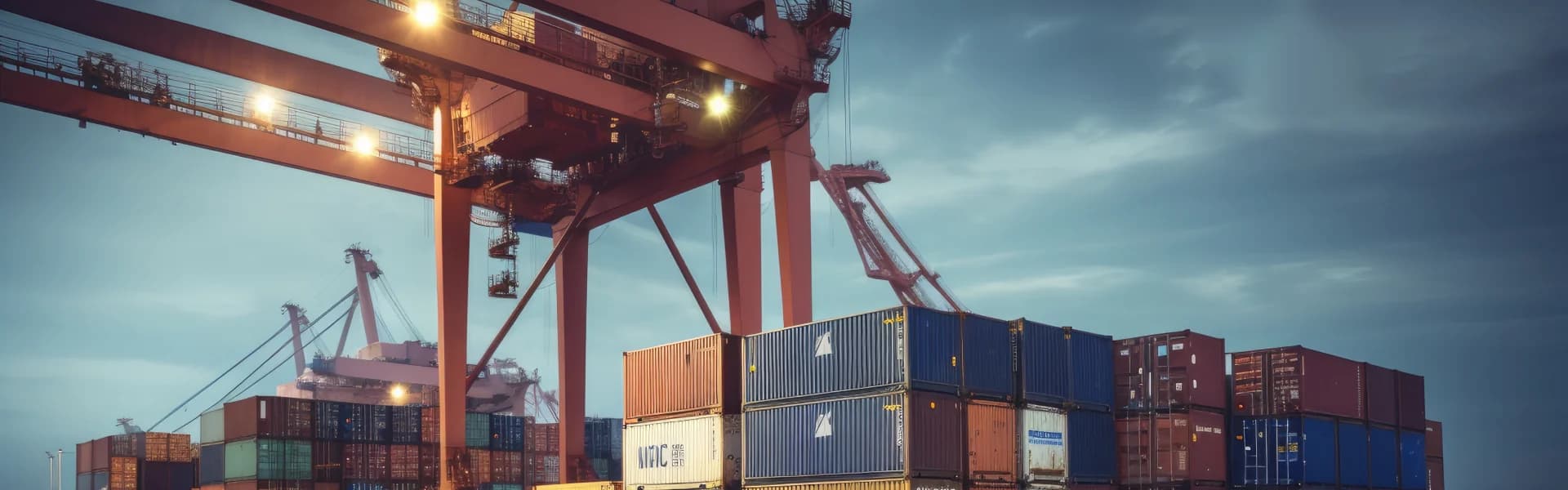 Port gantry cranes over stacked containers