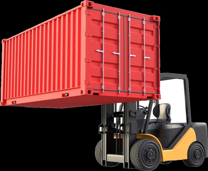 Forklift lifting a shipping container